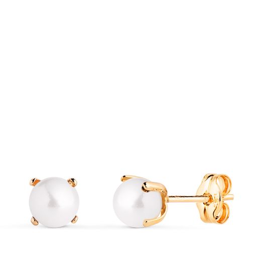 18K Pendientes Oro Amarillo Perla Con 4 Garras. Medida: 5 Mm. Cierre Presion
