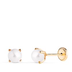 18K Pendientes Oro Amarillo Perla Con 4 Garras. Medida: 5 Mm. Cierre Tuerca