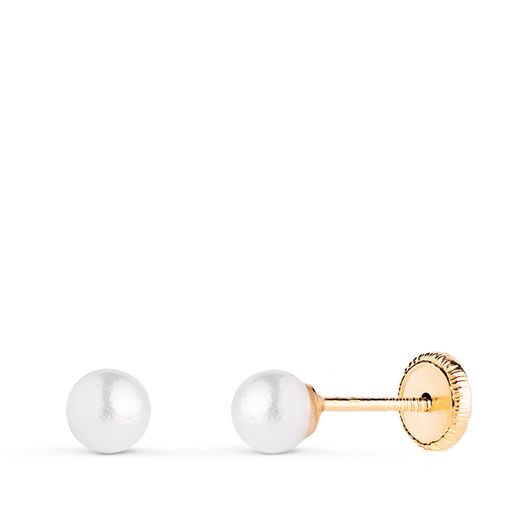 18K Pendientes Oro Amarillo Perla Con Casquilla. Medida: 4 Mm. Cierre Tuerca