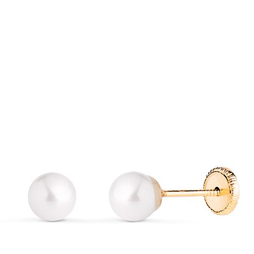 18K Pendientes Oro Amarillo Perla Con Casquilla. Medida: 5 Mm. Cierre Tuerca