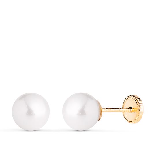 18K Pendientes Oro Amarillo Perla Con Casquilla. Medida: 7 Mm. Cierre Tuerca