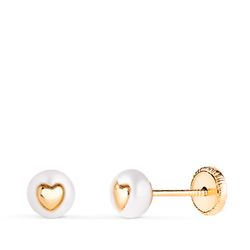 18K Pendientes Oro Amarillo Perla Con Interior De Corazon. Medida: 5 Mm. Cierre Tuerca