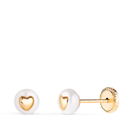 18K Pendientes Oro Amarillo Perla Con Interior De Corazon. Medida: 5 Mm. Cierre Tuerca