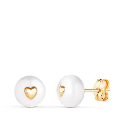 18K Pendientes Oro Amarillo Perla Con Interior De Corazon. Medida: 7 Mm. Cierre Presion