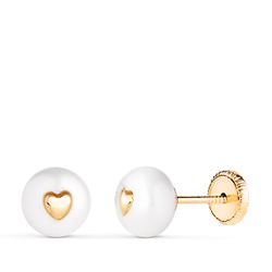 18K Pendientes Oro Amarillo Perla Con Interior De Corazon. Medida: 7 Mm. Cierre Tuerca