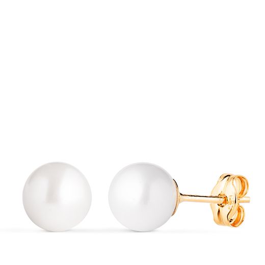 18K Pendientes Oro Amarillo Perla Cultivada 7 - 7,5 Mm Con Casquilla Cierre Presion