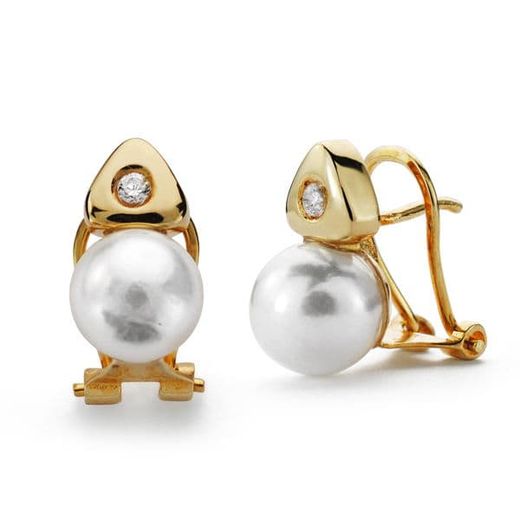 18K Pendientes Oro Amarillo Perla Cultivada 7 Mm Circonita Cierre Omega