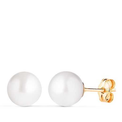 18K Pendientes Oro Amarillo Perla Cultivada 8 - 8,5 Mm Con Casquilla Cierre Presion