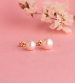 18K Pendientes Oro Amarillo Perla Cultivada 8 - 8,5 Mm Con Casquilla Cierre Presion