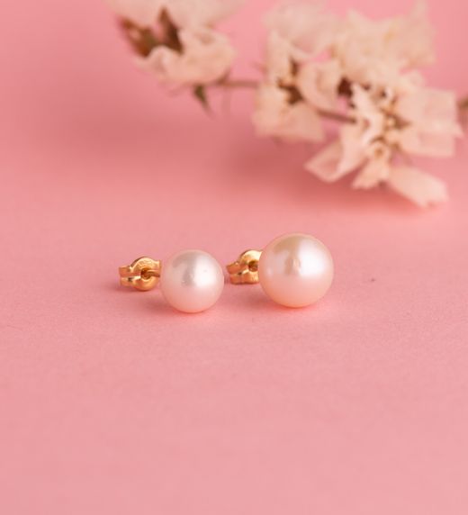 18K Pendientes Oro Amarillo Perla Cultivada 8 - 8,5 Mm Con Casquilla Cierre Presion