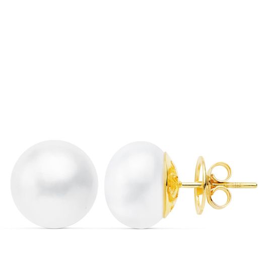 18K Pendientes Oro Amarillo Perla Cultivadas 12-13 Mm Cierre Presion