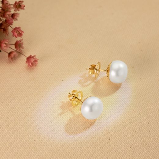 18K Pendientes Oro Amarillo Perla Cultivadas 12-13 Mm Cierre Presion