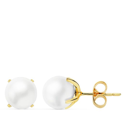 18K Pendientes Oro Amarillo Perla Cultivadas 7-7.5 Mm Cierre Presion