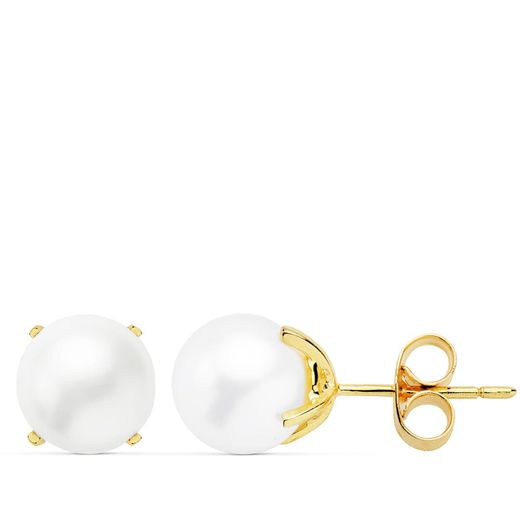 18K Pendientes Oro Amarillo Perla Cultivadas 7.5-8 Mm Cierre Presion