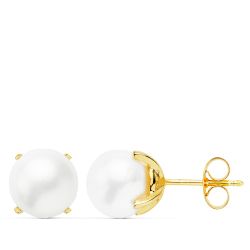 18K Pendientes Oro Amarillo Perla Cultivadas 8-8.5 Mm Cierre Presion