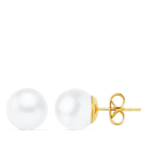 18K Pendientes Oro Amarillo Perla Cultivadas 8-8.5 Mm Cierre Presion