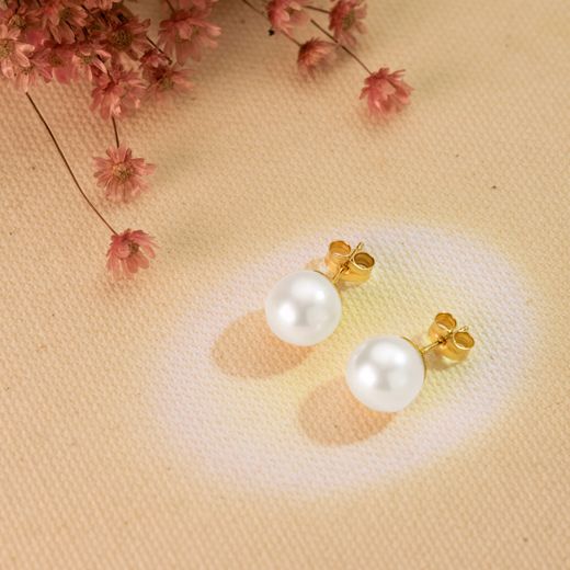 18K Pendientes Oro Amarillo Perla Cultivadas 9-9.5 Mm Cierre Presion