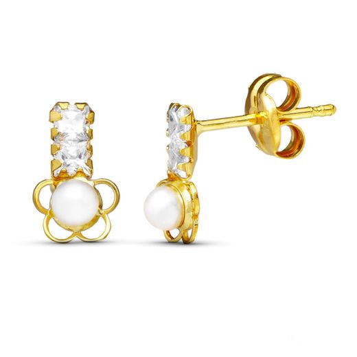 18K Pendientes Oro Amarillo Perla Flor 8X5 Mm Cierre Presion