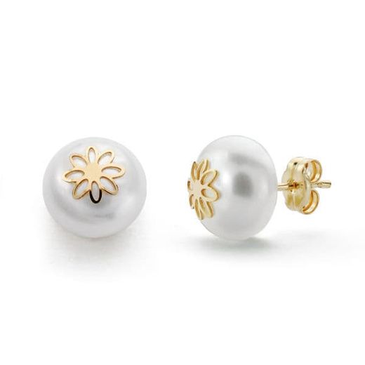 18K Pendientes Oro Amarillo Perla Flor 9 Mm Cierre Presion