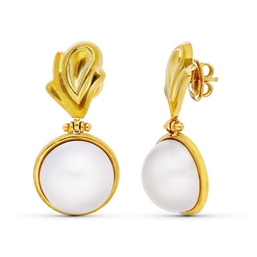 18K Pendientes Oro Amarillo Perla Japonesa Largos Cierre Presion