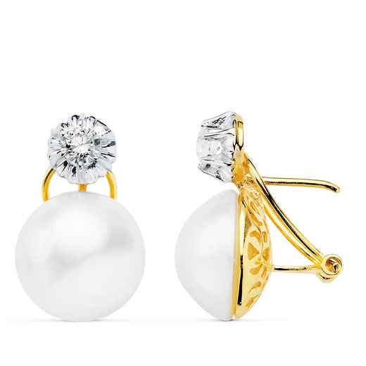 18K Pendientes Oro Amarillo Perla Japonesas 13 Mm Cierre Omega