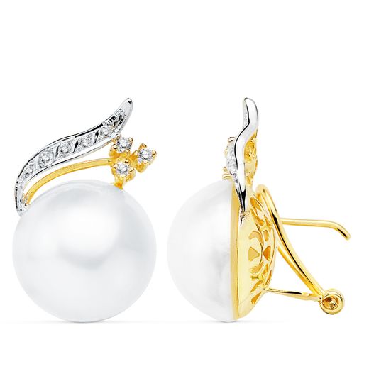 18K Pendientes Oro Amarillo Perla Japonesas 16 Mm Rama Cierre Omega