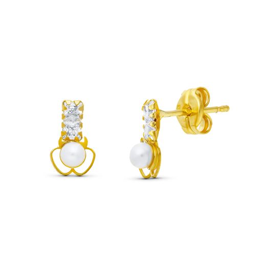 18K Pendientes Oro Amarillo Perla Trebol. 8X5 Mm Cierre Presion