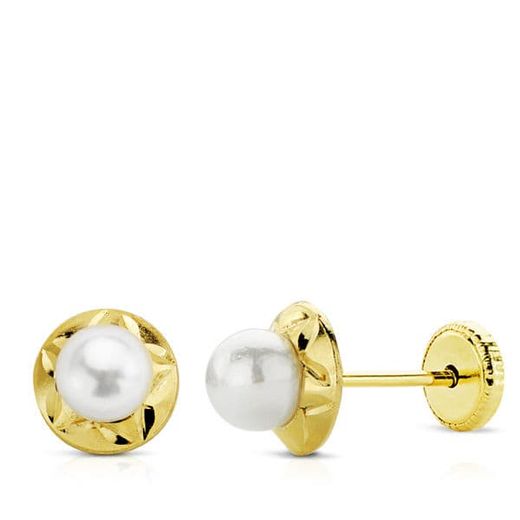 18K Pendientes Oro Amarillo Perla Tuerca 6 Mm