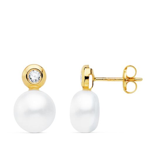 18K Pendientes Oro Amarillo Perla Y Chaton. 13X8 Mm Cierre Presion