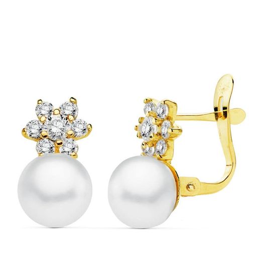 18K Pendientes Oro Amarillo Perla Y Circonita 12X7 Mm Cierre Catalan