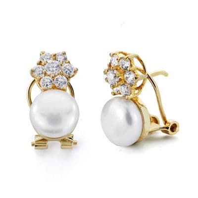 18K Pendientes Oro Amarillo Perla Y Circonita 15X8 Mm Cierre Omega