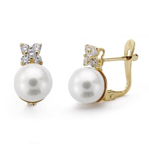18K Pendientes Oro Amarillo Perla Y Circonita 7 Mm Cierre Catalan