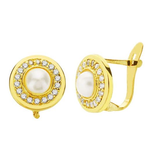 18K Pendientes Oro Amarillo Perla Y Circonita 9 Mm Cierre Catalan