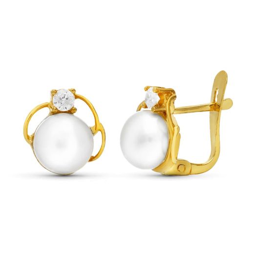 18K Pendientes Oro Amarillo Perla Y Circonita 9X9 Mm Cierre Catalan