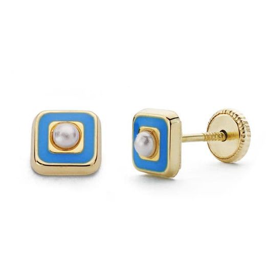 18K Pendientes Oro Amarillo Perla Y Esmalte Azul 5 Mm Cierre Tuerca