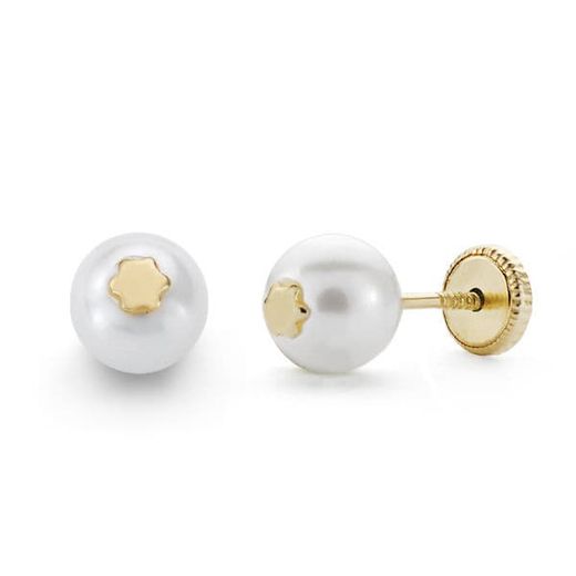 18K Pendientes Oro Amarillo Perla Y Estrella 6 Mm Cierre Tuerca