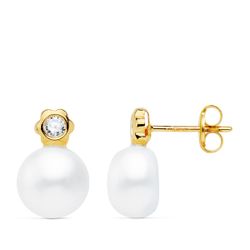 18K Pendientes Oro Amarillo Perla Y Flor 12X8 Mm Cierre Presion