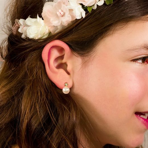 18K Pendientes Oro Amarillo Perla Y Flor 12X8 Mm Cierre Presion