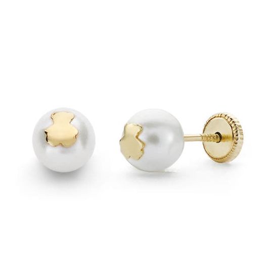 18K Pendientes Oro Amarillo Perla Y Oso 6 Mm Cierre Tuerca