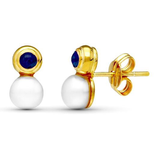 18K Pendientes Oro Amarillo Perla Y Piedra Azul 10X5 Mm Cierre Presion