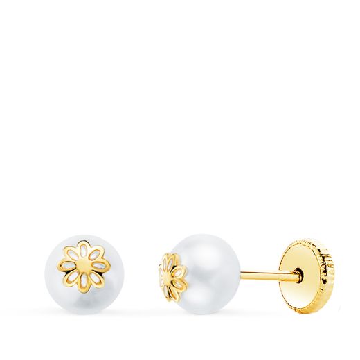 18K Pendientes Oro Amarillo Perlas Con Motivo Margarita. Ancho: 5 Mm. Cierre Tuerca