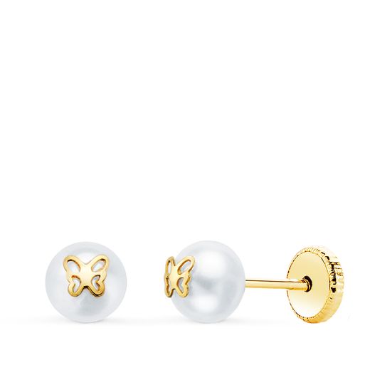 18K Pendientes Oro Amarillo Perlas Con Motivo Mariposa. Ancho: 5 Mm. Cierre Tuerca
