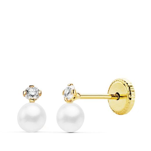 18K Pendientes Oro Amarillo Perlas Y Circonita En Garras 6 X 3.5 Mm. Cierre Tuerca