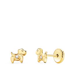 18K Pendientes Oro Amarillo Perros Con Circonita 5 X 4,5 Mm. Cierre Tuerca