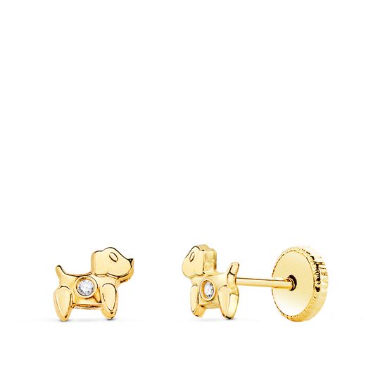 18K Pendientes Oro Amarillo Perros Con Circonita 5 X 4,5 Mm. Cierre Tuerca
