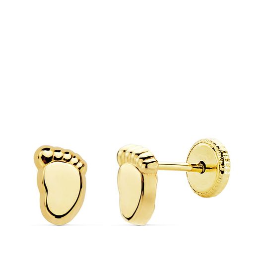 18K Pendientes Oro Amarillo Pie Bebe Liso 6.5X4 Mm Cierre Tuerca