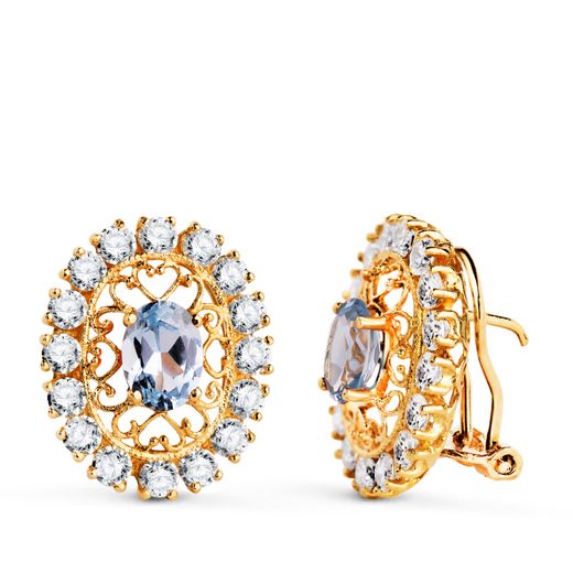 18K Pendientes Oro Amarillo Piedra Aguamarina 7X5 Mm Con Circonitas. Medida: 19X16 Mm. Cierre Omega