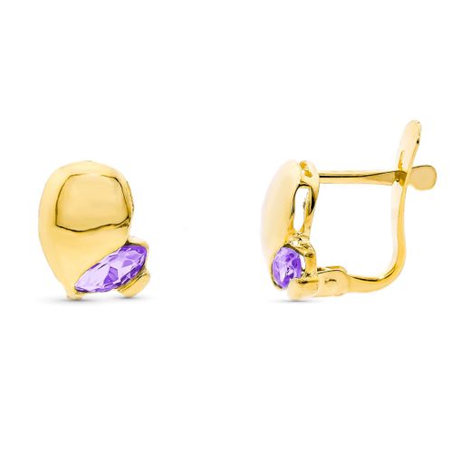 18K Pendientes Oro Amarillo Piedra Amatista Cierre Catalan