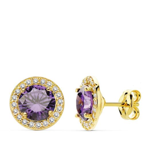 18K Pendientes Oro Amarillo Piedra Amatista Circon. 9 Mm Cierre Presion