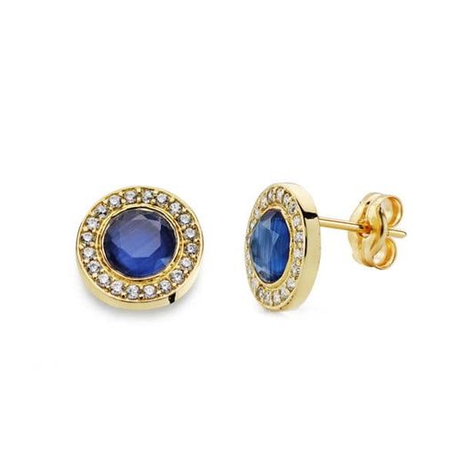 18K Pendientes Oro Amarillo Piedra Azul. 5Mm Circonita Cierre Presion